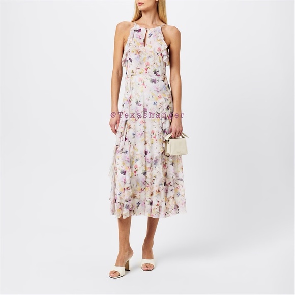 NWT Ted Baker Lauriin Halterneck Ruffle Midi DressSize 4 White/Multi - Picture 1 of 15
